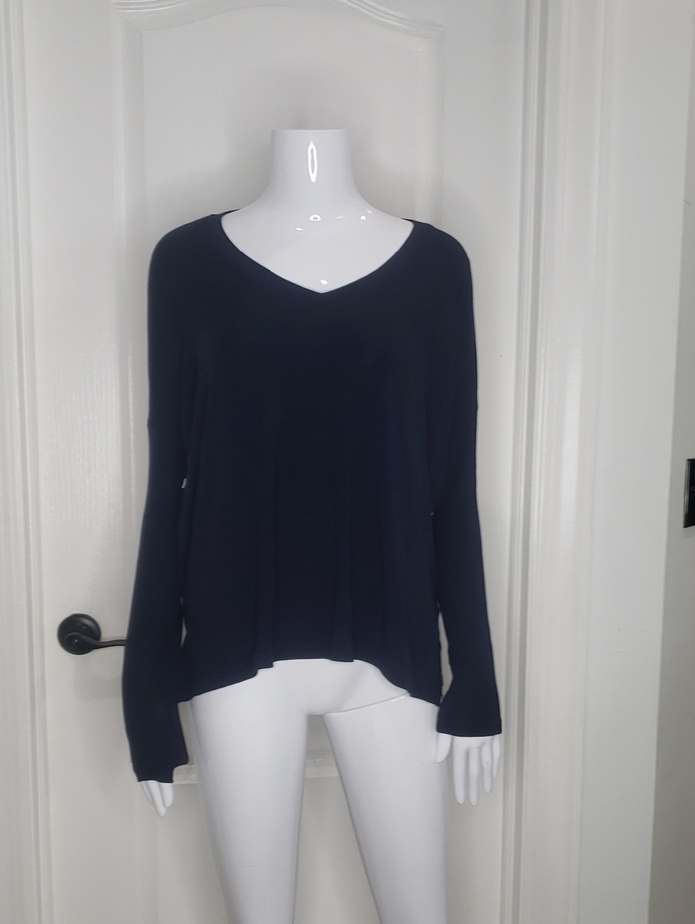 CAbi Navy Blue Longsleeve Top White Stripes On Back Size Small